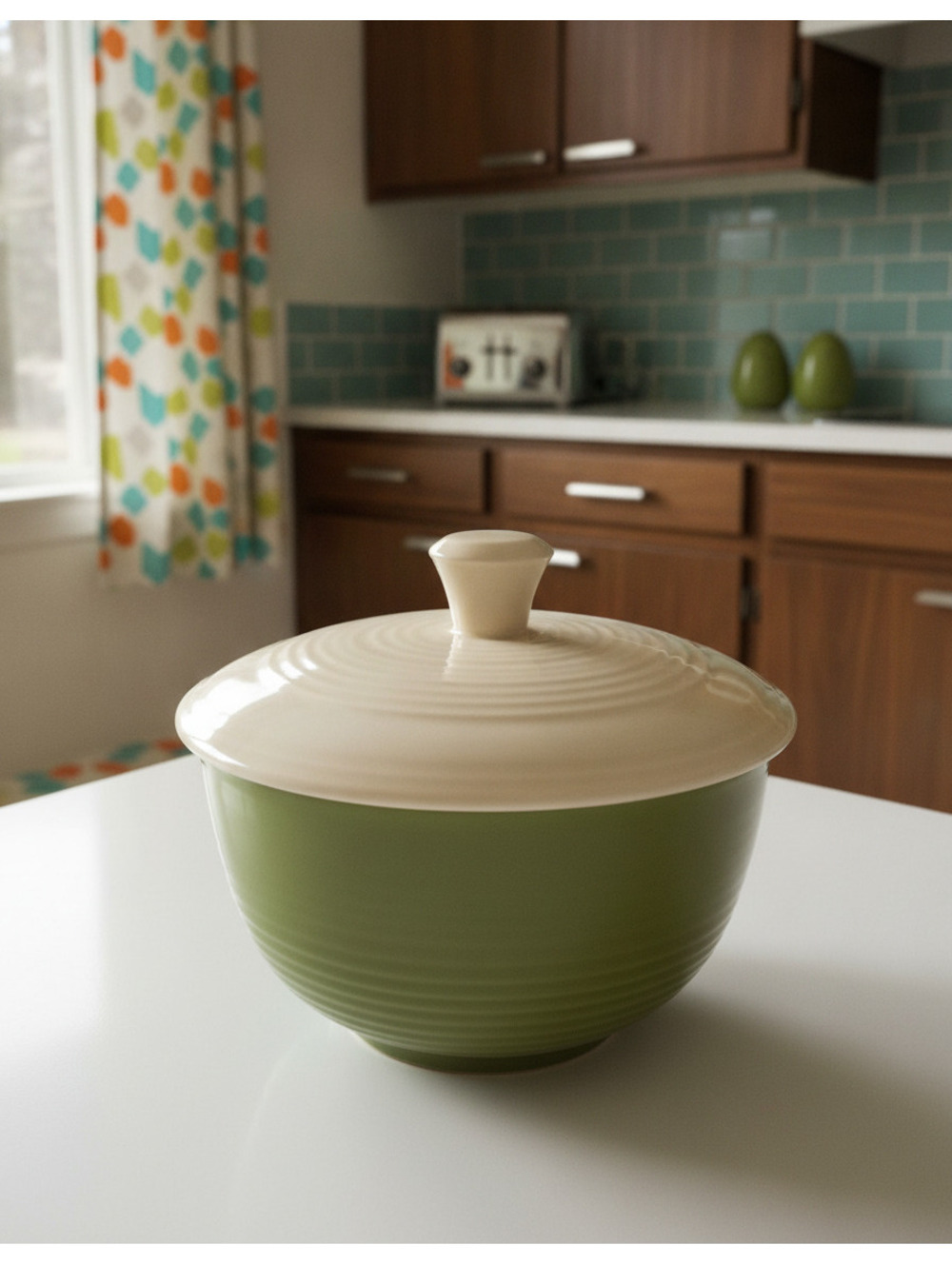Vintage Max Schonfeld El Verde Green Ceramic MCM Sugar Bowl w/ Cream Colored Lid